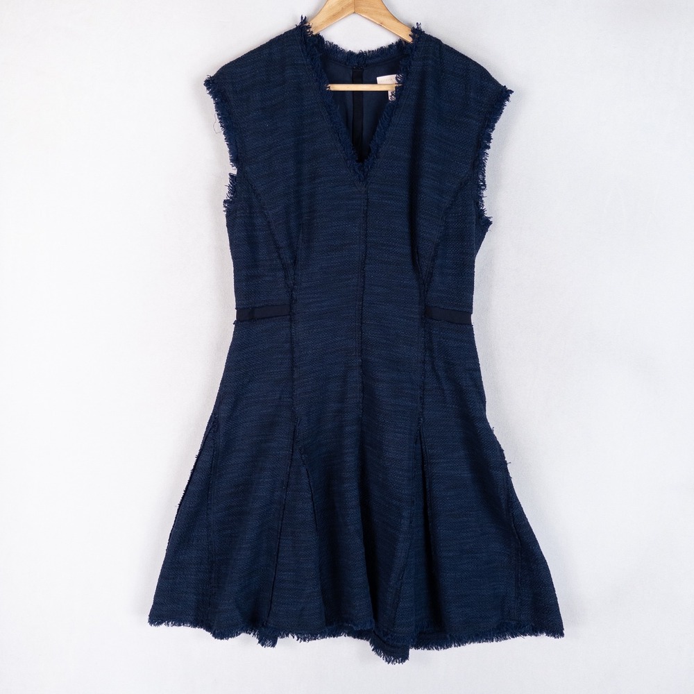 Rebecca Taylor Dress 10 Navy Blue Tweed Fringe V-Neck Old Money Classic Luxury
